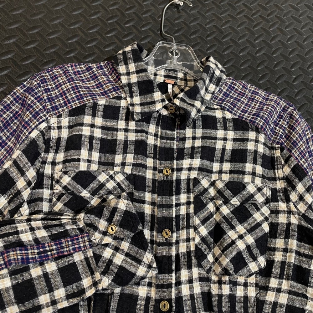 Free People Black and White Plaid Button-Down Shirt with Purple Plaid Shoulders